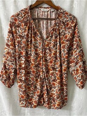 Caffe Marrakesh  Rust and Cream Paisley Button-Front Blouse Medium